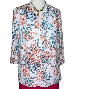 NYDJ White Peach Floral Print V Neck 3/4 Sleeve Pintuck Blouse Size Large P NWOT